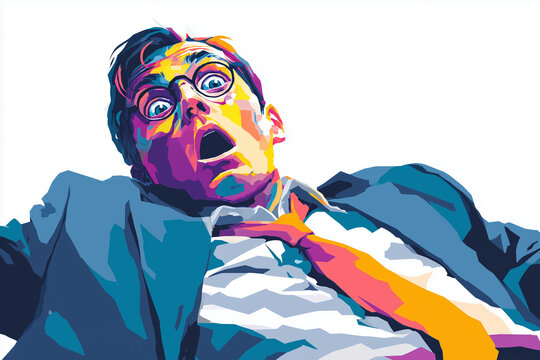 A colorful illustration of a man explosively expressing surprise with wide eyes and an open mouth in an intense overreaction