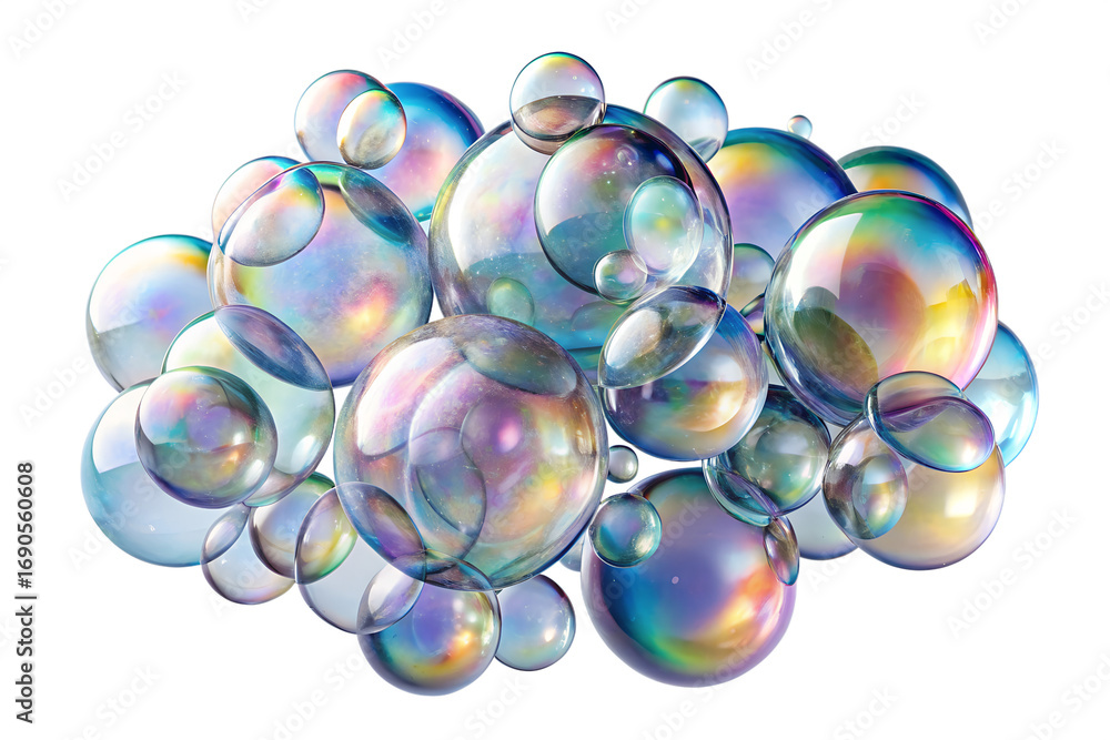 Fototapete iridescent soap bubbles floating together in a cluster on transparent background cluster iridescent