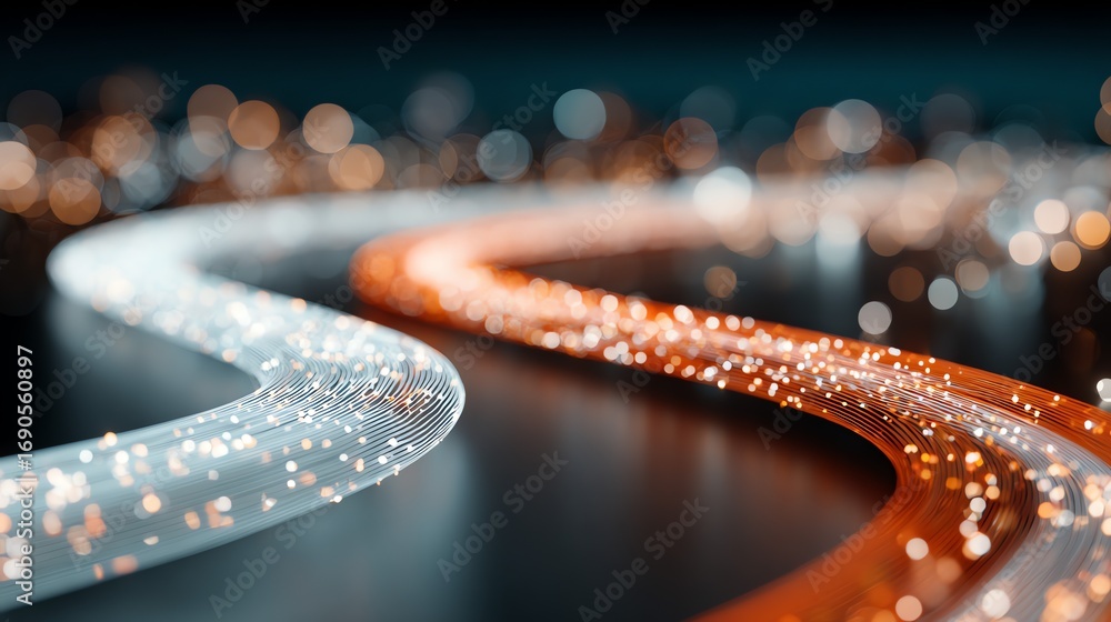 Poster abstract streams of light, rendered in warm and cool tones, curve dynamically across a dark backgrou