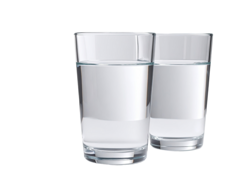 Two clear drinking glasses filled with water, side-by-side