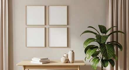 Fototapeta premium Beige Wall Decor with Plants and Frames.