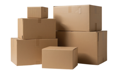 Cardboard Cartons for a Moving Day or a New Home, Cut Out, Clipping Path, Isolated on a Transparent PNG Background.