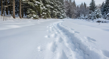Obraz premium Serene winter wonderland scene featuring snow-covered trees and footprints on snowy ground