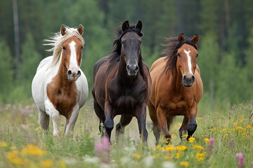 Fototapeta premium Three Majestic Horses Gallop Through a Sun-Dappled Meadow, Mane and Tail Flowing Freely.