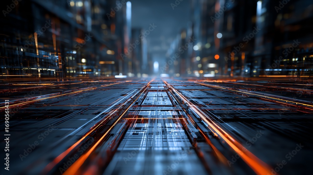 Poster an abstract digital landscape unfolds, showcasing a network of glowing lines and blurred structures,