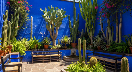 Vibrant Mexican Courtyard Garden with Blue Walls, Cacti, Benches, and Fountain