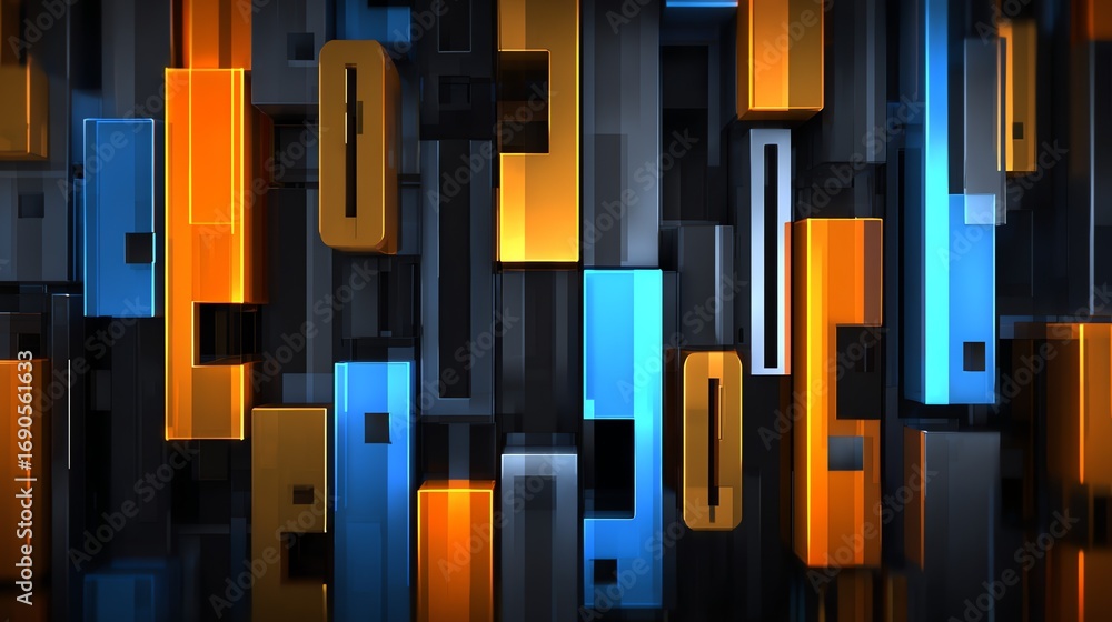 Poster an abstract composition of illuminated rectangular forms in shades of blue and orange creates a dyna