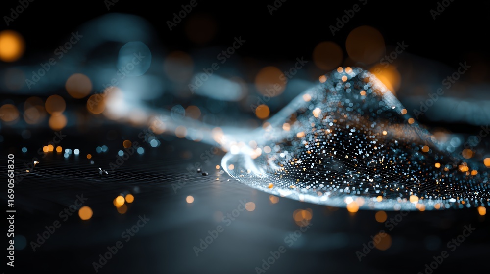 Poster an abstract digital wave emerges from a grid, illuminated by warm bokeh lights, evoking a sense of t