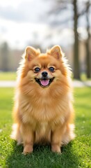 A delightful Pomeranian dog sits happily in a grassy park area, its vibrant orange fur shining in the soft sunlight.