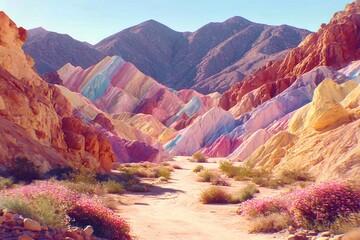 Colorful mountain range with vibrant hues, a sandy path, and sparse desert plants