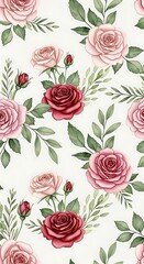 A delicate floral pattern features lush roses in shades of pink and burgundy, complemented by greenery on a soft white background.