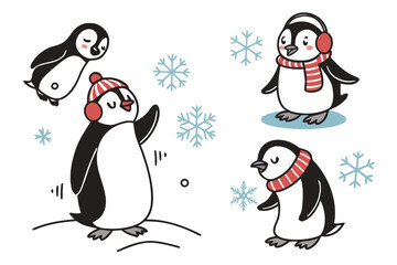 set of Cute Winter Penguin silhouette Vector illustration design