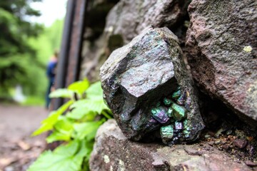 Close-up of a dark rock cluster embedded in larger stones, displaying colorful mineral inclusions