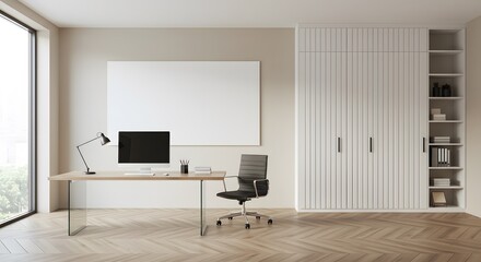 Modern Minimalist Home Office with Desk Computer and Black Office Chair in Bright Room