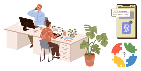 Professionals working at desks with computers smartphone with secure access code and fingerprint unlock. Puzzle pieces symbolize teamwork, problem-solving, and innovation. Ideal for collaboration