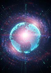 Obraz premium A digital representation of Earth, enveloped in a cosmic nebula of glowing lines and particles, radiates a futuristic and interconnected energy.