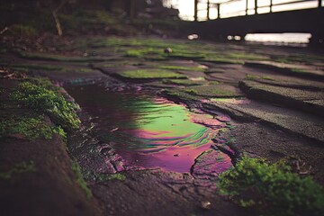 A puddle reflecting iridescent colors on a stone path