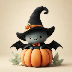 Charming Cute Character in Witch Hat Sitting on Pumpkin Surrounded by Green Leaves for Halloween Decor