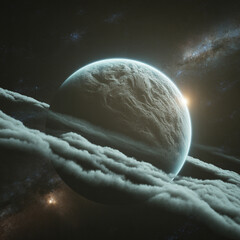 Textured Alien Planet with Thick Atmospheric Clouds in Deep Space