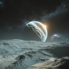 Icy Moon Landscape with a Distant Gas Giant in the Sky