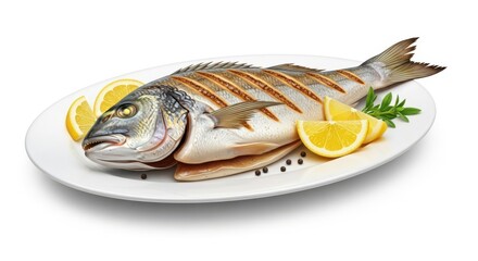 Delicious Grilled Sea Bream with Lemon and Herbs Served on a White Plate