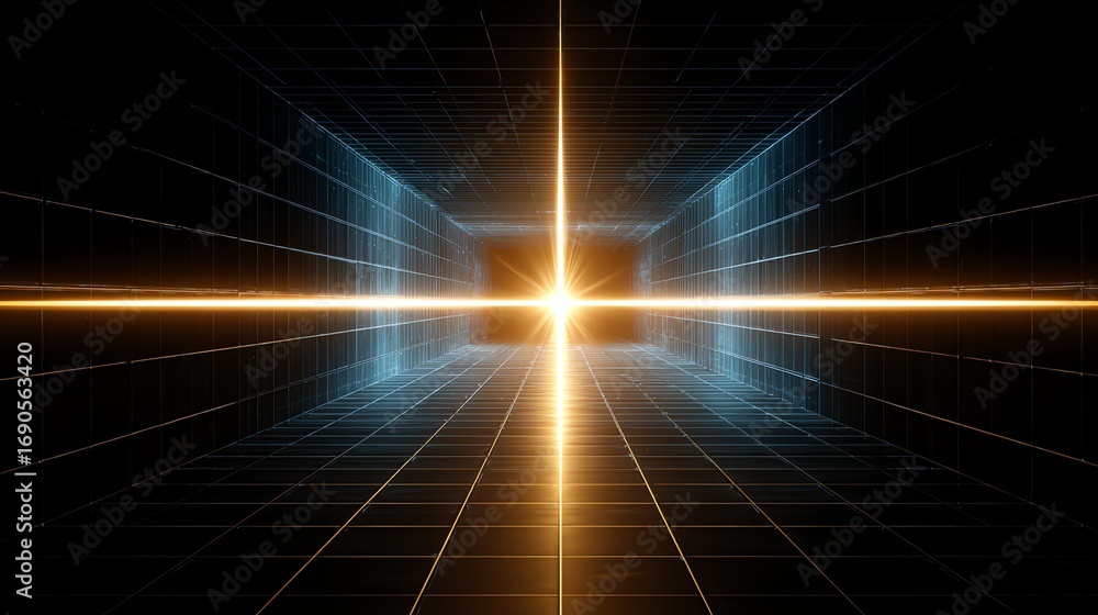 Poster a symmetrical digital tunnel radiates with intense golden light, creating a sense of infinite depth 