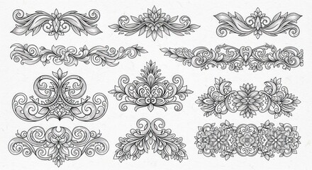 Set of Ornate Floral Dividers and Borders in Black and White