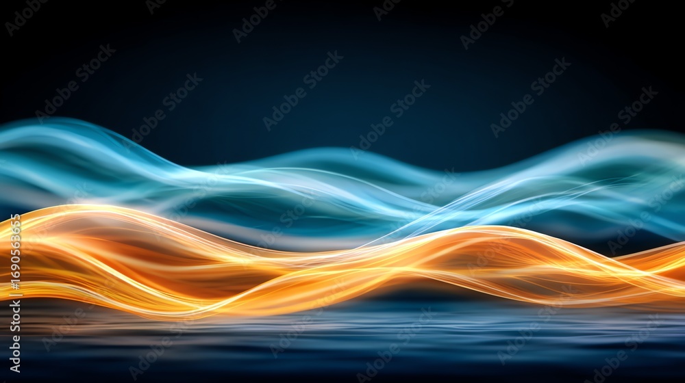 Poster dynamic waves of vibrant blue and warm orange light flow across a dark background, creating a sense 