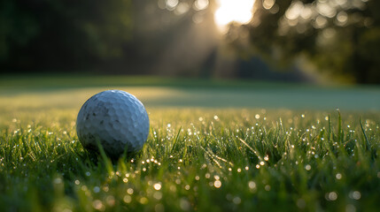 Golf ball resting on dewy grass at sunrise on golf course