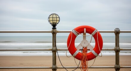 Ocean view with lifebuoy on seaside rail at cloudy beachfront
