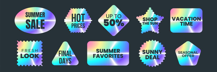 Set holographic stickers. Summer hot sale. Vibrant holographic shiny labels beach inspired gradients bold text discount shapes. Vector illustration for fashion travel seasonal promotions