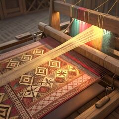 Close up of a traditional wooden loom with colorful threads weaving a patterned rug