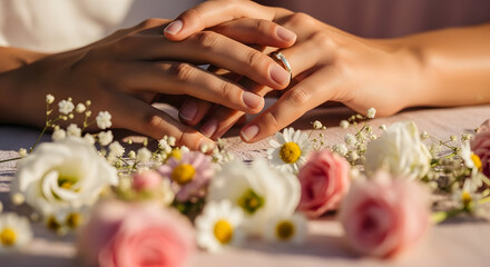 Fototapeta premium Elegant hands adorned with a sparkling ring amidst a delicate floral arrangement creating a
