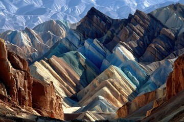 Colorful mountain range, layered and striated in hues of blue, green, yellow, and brown