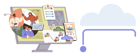 Team collaborating digitally on various tasks via monitor, integrating charts, notes, and imagery, linked to cloud technology. Ideal for teamwork, project management, remote work, communication
