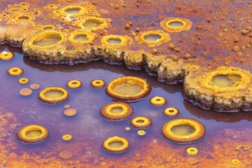 Pools of vibrant orange, yellow, and purple water;  circular formations