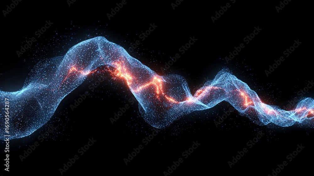 Poster an abstract visualization of energy flow depicts undulating waves of light, blending cool blues and 