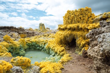 Yellow, green mineral formations around a pond