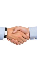 Close-up of two hands performing a friendly business handshake on a plain white background.