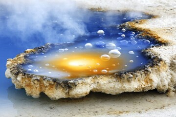 Hot spring pool with bubbling, colorful water and steam