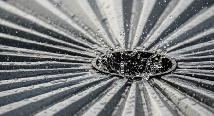 Close-up of water droplets splashing on metallic surface with radiating pattern