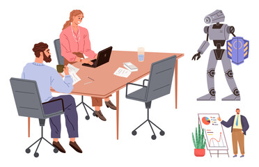 Two professionals at a desk, robot carrying a box, and presenter beside a chart board. Ideal for technology, collaboration, innovation, teamwork, artificial intelligence, data analysis future work