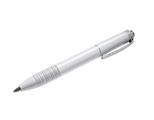 White ballpoint pen, angled view, showing ribbed barrel