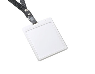 Blank white plastic ID badge on black lanyard (3)