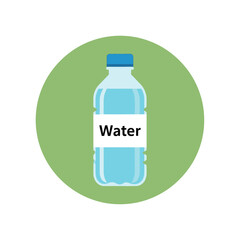 Flat design icon depicting a clear plastic water bottle with a blue cap and a white "Water" label, set against a light green circular background.