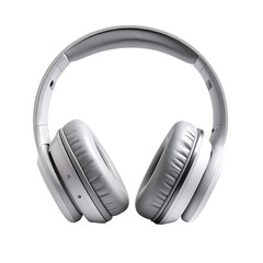 Light gray over-ear headphones, front view.  Soft earcups, padded headband