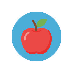 A vibrant red apple with a green leaf and brown stem, depicted in a flat design style within a circular blue icon.