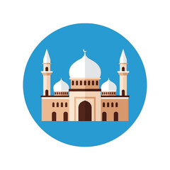 Fototapeta premium A flat design illustration of a mosque with multiple domes and two minarets on a blue background.
