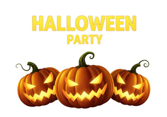 Halloween party with three carved pumpkins isolated on transparent background