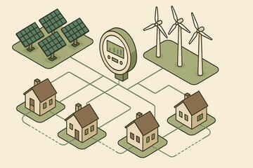 Stylized Renewable Energy Network with Smart Meter, Solar Panels, Wind Turbines and Houses